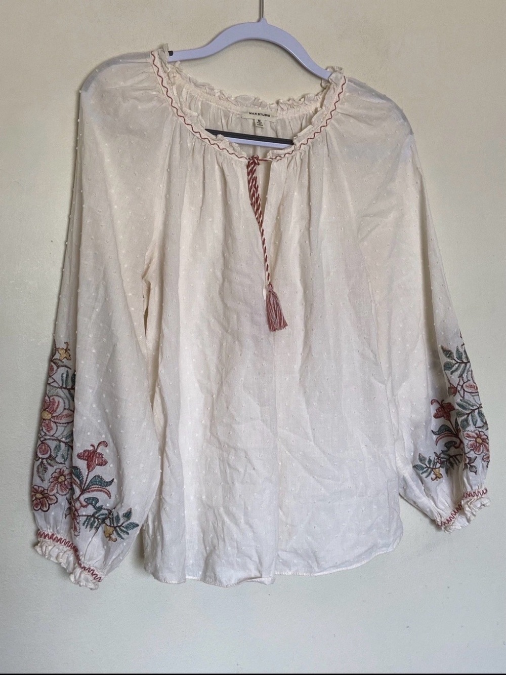 Max Studio Floral Embroidered Peasant Blouse Cotton Sz M Boho Cottagecore Hippie